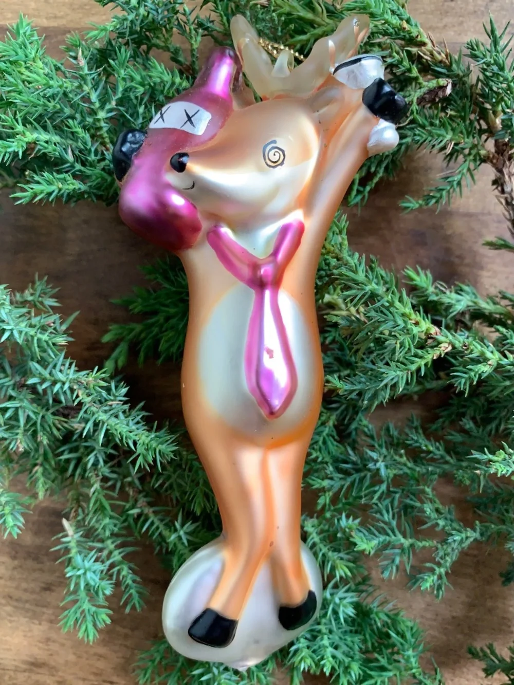 WHIMSICAL REINDEER GLASS CHRISTMAS ORNAMENT FUNNY HOLIDAY DECOR 5.5